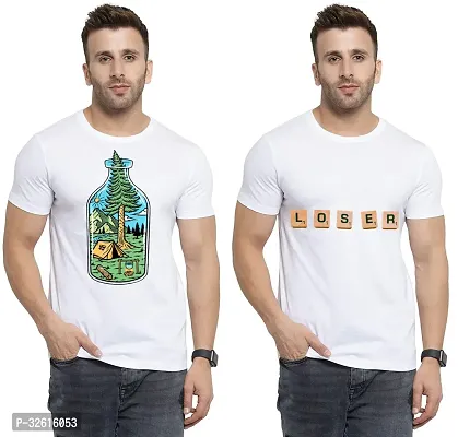 Stylish Polycotton White Printed Tees For Men Pack of 2-thumb0