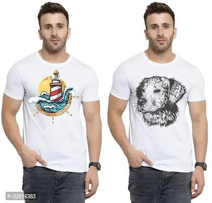 Stylish Polycotton White Printed Tees For Men Pack of 2-thumb0