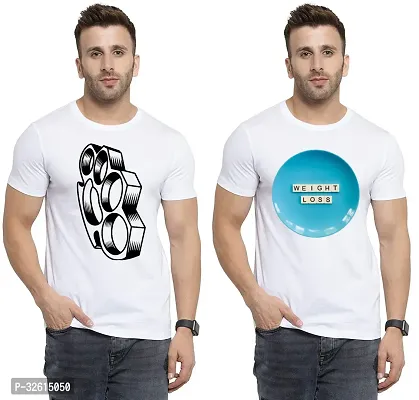 Elite White Polycotton Printed Round Neck Tees For Men- Pack Of 2