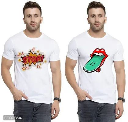 Stylish Polycotton White Printed Tees For Men Pack of 2-thumb0