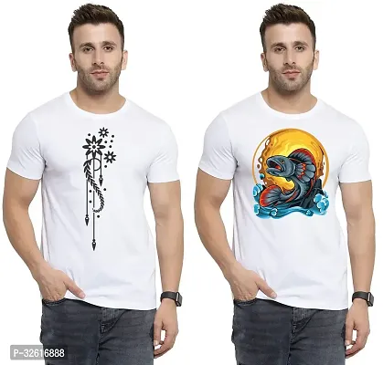 Stylish Polycotton White Printed Tees For Men Pack of 2-thumb0