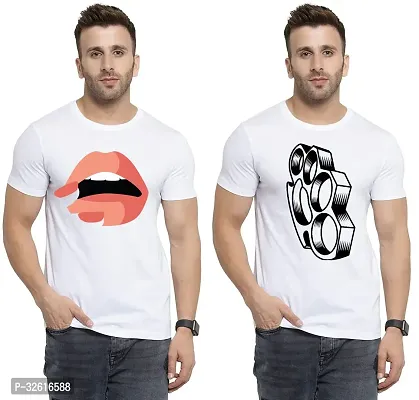 Stylish Polycotton White Printed Tees For Men Pack of 2-thumb0