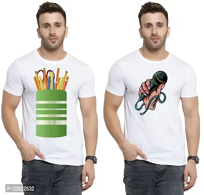 Stylish White Polycotton Printed T-Shirt For Men Pack Of 2