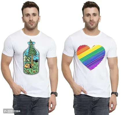 Stylish Polycotton White Printed Tees For Men Pack of 2-thumb0