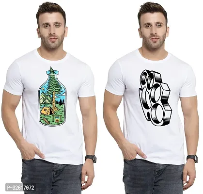 Stylish Polycotton White Printed Tees For Men Pack of 2-thumb0