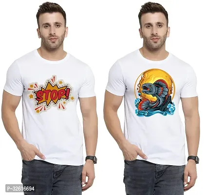 Stylish Polycotton White Printed Tees For Men Pack of 2