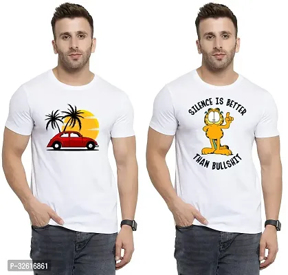 Stylish Polycotton White Printed Tees For Men Pack of 2-thumb0