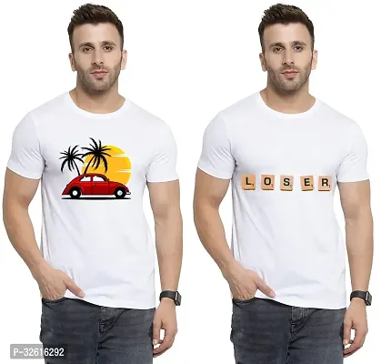 Stylish Polycotton White Printed Tees For Men Pack of 2-thumb0