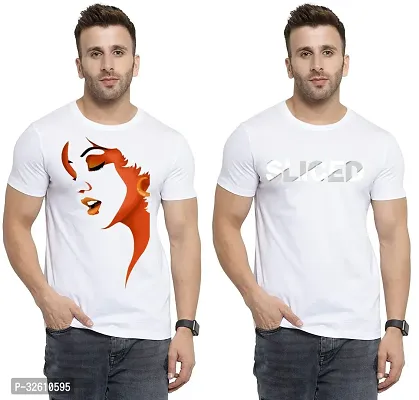 Elite White Polycotton Printed Round Neck Tees For Men- Pack Of 2