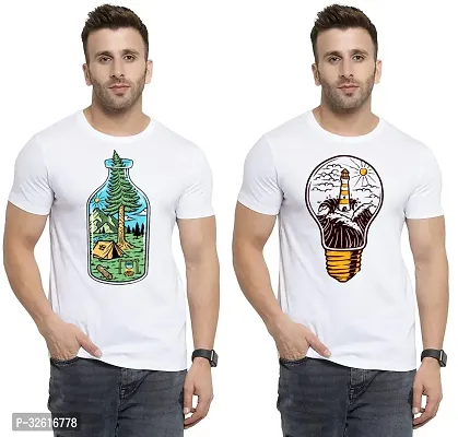 Stylish Polycotton White Printed Tees For Men Pack of 2-thumb0