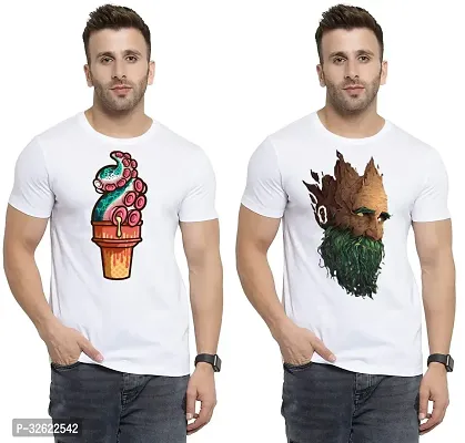 Stylish White Polycotton Printed T-Shirt For Men Pack Of 2