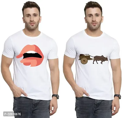 Stylish Polycotton White Printed Tees For Men Pack of 2-thumb0