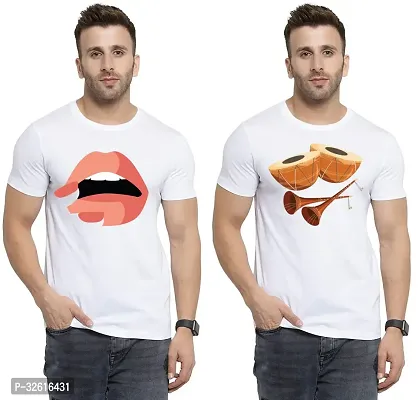 Stylish Polycotton White Printed Tees For Men Pack of 2-thumb0