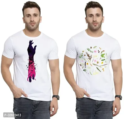 Stylish White Polycotton Printed T-Shirt For Men Pack Of 2