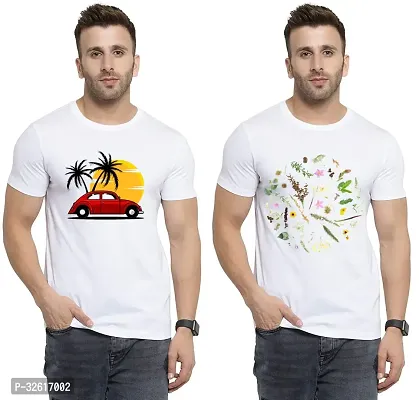 Stylish Polycotton White Printed Tees For Men Pack of 2