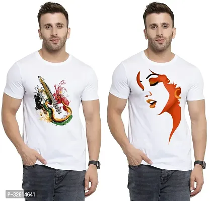 Elite White Polycotton Printed Round Neck Tees For Men- Pack Of 2