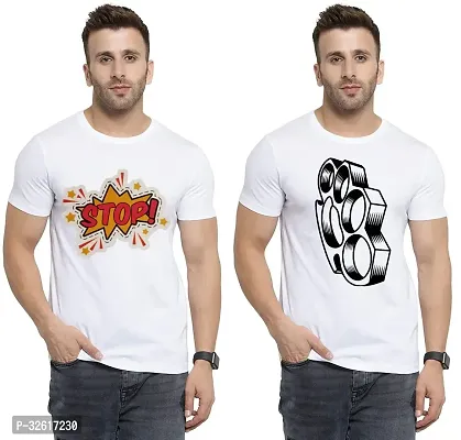 Stylish Polycotton White Printed Tees For Men Pack of 2-thumb0