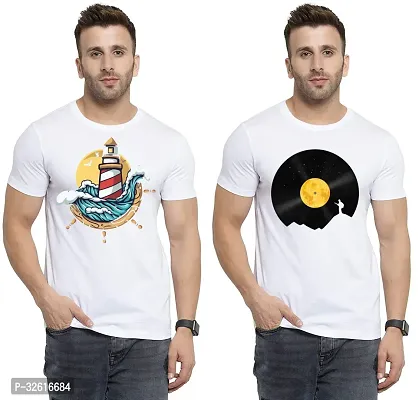 Stylish Polycotton White Printed Tees For Men Pack of 2