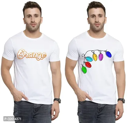 Elite White Polycotton Printed Round Neck Tees For Men- Pack Of 2