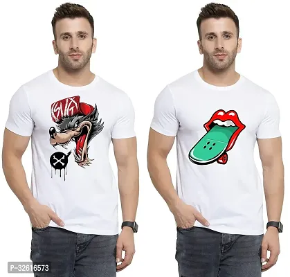 Stylish Polycotton White Printed Tees For Men Pack of 2-thumb0