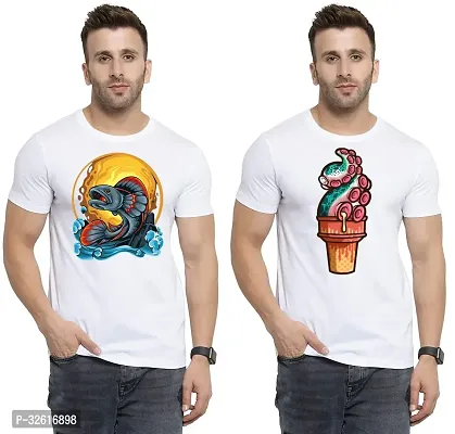 Stylish Polycotton White Printed Tees For Men Pack of 2