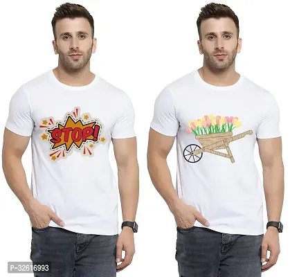 Stylish Polycotton White Printed Tees For Men Pack of 2-thumb0