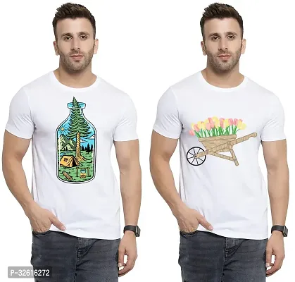 Stylish Polycotton White Printed Tees For Men Pack of 2-thumb0