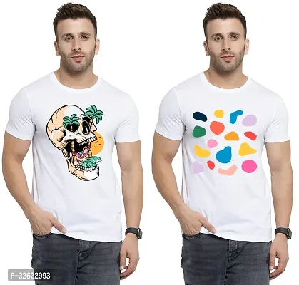 Stylish White Polycotton Printed T-Shirt For Men Pack Of 2