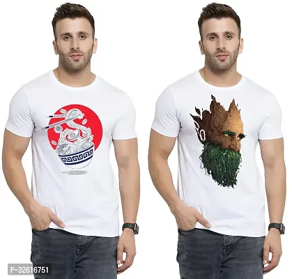 Stylish Polycotton White Printed Tees For Men Pack of 2