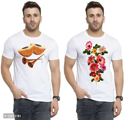 Stylish White Polycotton Printed T-Shirt For Men Pack Of 2