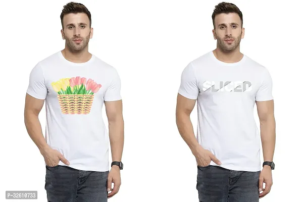 Reliable White Polycotton Printed Round Neck Tshirt For Men Pack Of 2