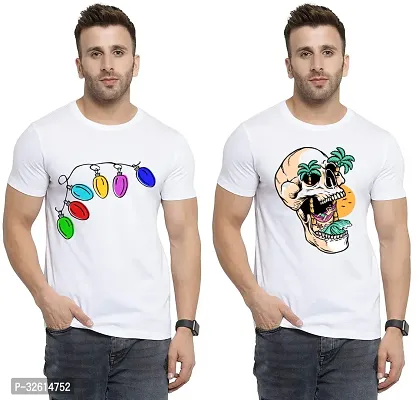 Elite White Polycotton Printed Round Neck Tees For Men- Pack Of 2-thumb0