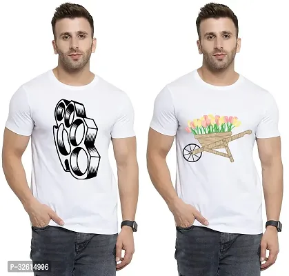 Elite White Polycotton Printed Round Neck Tees For Men- Pack Of 2-thumb0