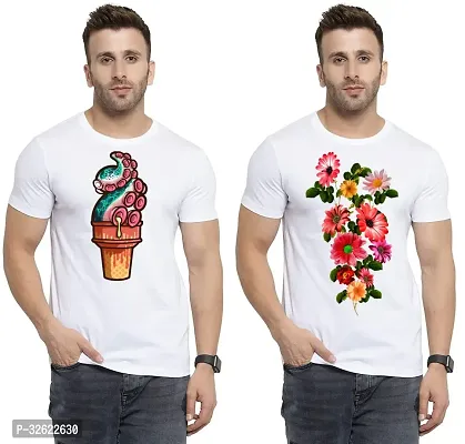 Stylish White Polycotton Printed T-Shirt For Men Pack Of 2-thumb0