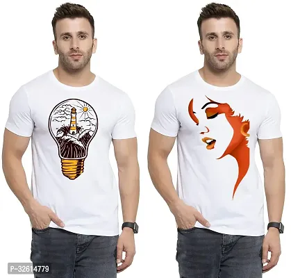 Elite White Polycotton Printed Round Neck Tees For Men- Pack Of 2