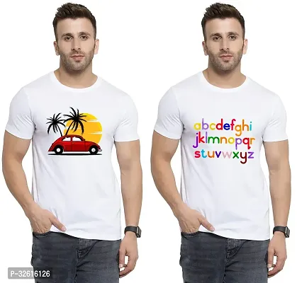 Stylish Polycotton White Printed Tees For Men Pack of 2-thumb0