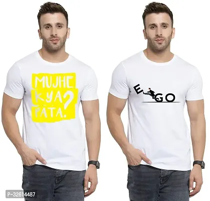 Elite White Polycotton Printed Round Neck Tees For Men- Pack Of 2