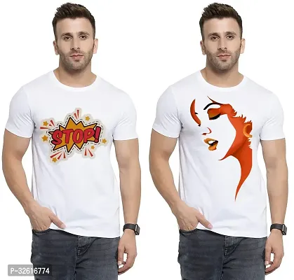 Stylish Polycotton White Printed Tees For Men Pack of 2-thumb0