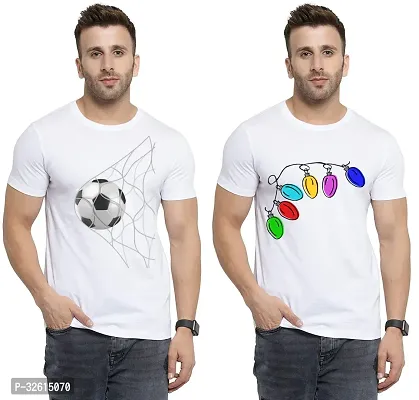 Elite White Polycotton Printed Round Neck Tees For Men- Pack Of 2