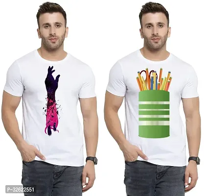 Stylish White Polycotton Printed T-Shirt For Men Pack Of 2