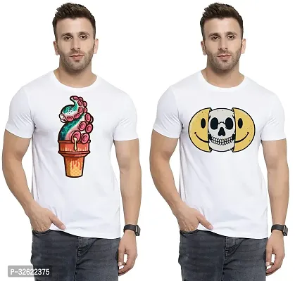 Stylish White Polycotton Printed T-Shirt For Men Pack Of 2-thumb0