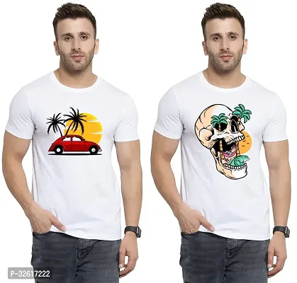 Stylish Polycotton White Printed Tees For Men Pack of 2