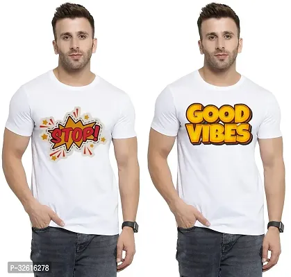 Stylish Polycotton White Printed Tees For Men Pack of 2-thumb0