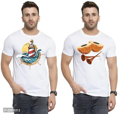 Stylish Polycotton White Printed Tees For Men Pack of 2-thumb0