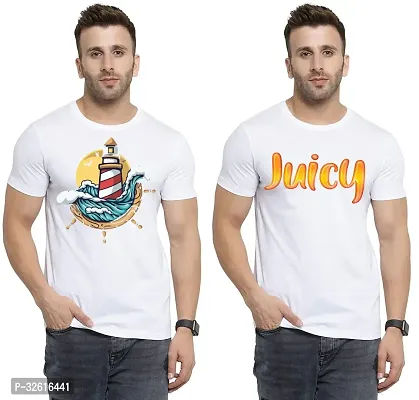 Stylish Polycotton White Printed Tees For Men Pack of 2-thumb0