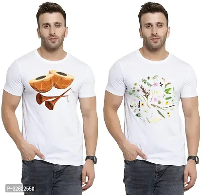 Stylish White Polycotton Printed T-Shirt For Men Pack Of 2