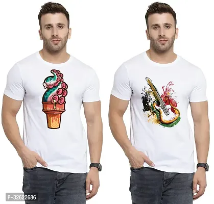 Stylish White Polycotton Printed T-Shirt For Men Pack Of 2