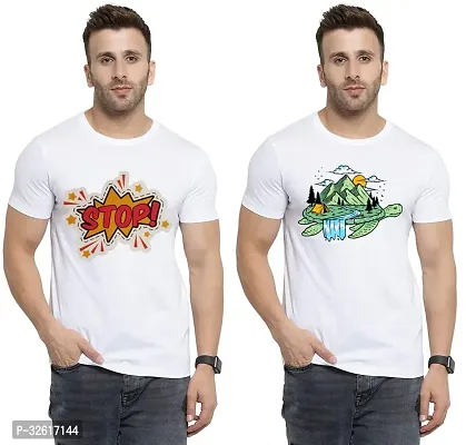 Stylish Polycotton White Printed Tees For Men Pack of 2-thumb0