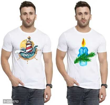 Stylish Polycotton White Printed Tees For Men Pack of 2