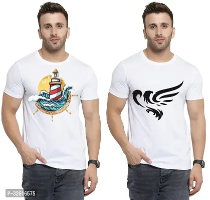 Stylish Polycotton White Printed Tees For Men Pack of 2-thumb0